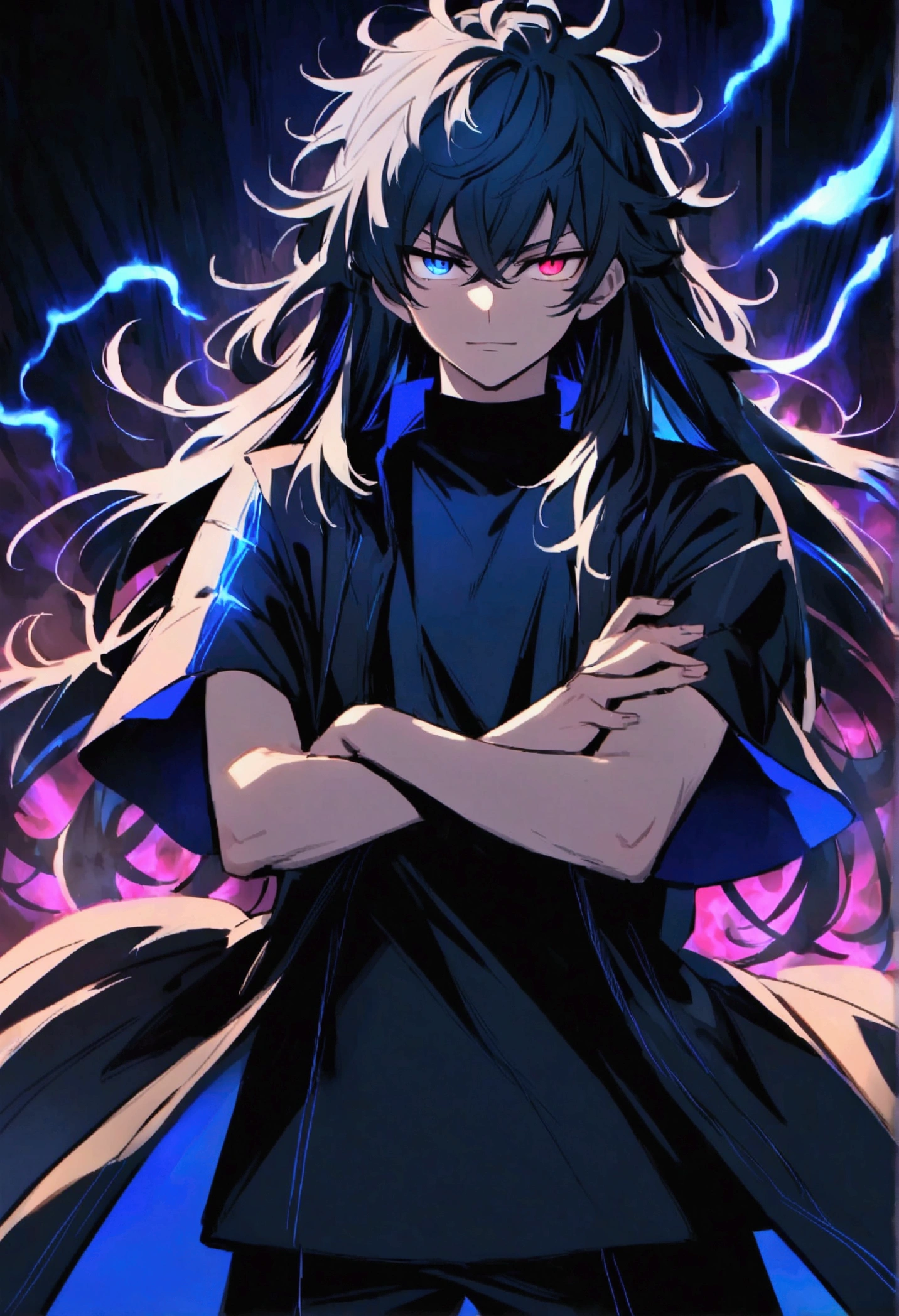 Teenage boy, Messy hair, long hair, multicolored blue and black hair, crossed arms, blue and black eyes, heterochromia, Simple smile, serious face, black jersey, dark blue detailed and wide short-sleeved overcoat, detailed black pants, electric aura around the character,