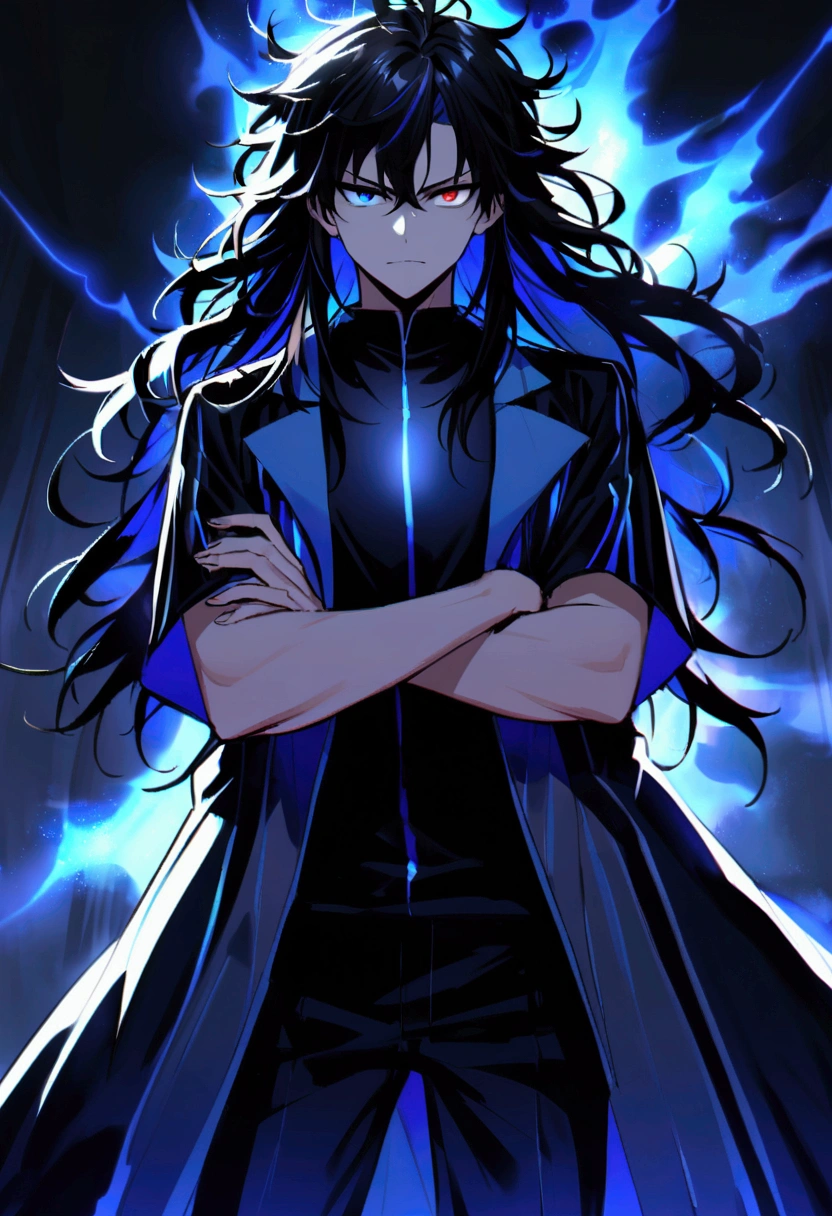 Teenage boy, Messy hair, long hair, multicolored blue and black hair, crossed arms, blue and black eyes, heterochromia, Simple smile, serious face, black jersey, dark blue detailed and wide short-sleeved overcoat, detailed black pants, electric aura around the character,