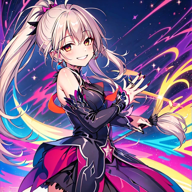 (best quality:1.2), 1 girl, Solitary, Ponytail, Star Hairpin, Black feather hairpin, Nail painting, Vibrant colors, Fantasy Lights, Detailed floral background, Smile