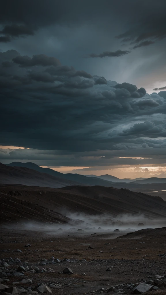 Image is a digital artwork depicting a desolate landscape filled with numerous human skeletons scattered across a rocky terrain. The sky is overcast with a pale, muted light, adding to the somber and eerie atmosphere. The skeletons are in various states of disarray, with skulls, ribcages, and limbs strewn haphazardly. In the background, a distant mountain range is visible under the cloudy sky. The overall color palette is dominated by shades of gray and muted earth tones, enhancing the bleak and desolate mood of the scene.