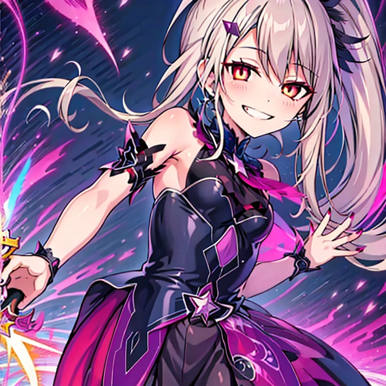 (best quality:1.2), 1 girl, alone, ponytail, star hairpins, black feather hairpin, nail painting, vibrant colors, dreamlike lighting, detailed floral background, evil smile