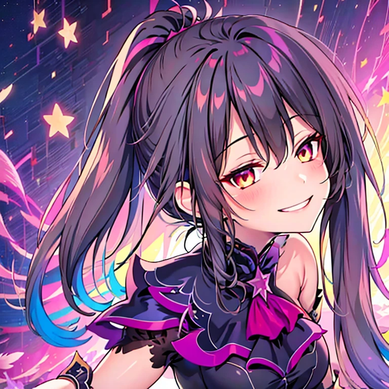 (best quality:1.2), 1 girl, alone, ponytail, star hairpins, black feather hairpin, nail painting, vibrant colors, dreamlike lighting, detailed floral background, evil smile