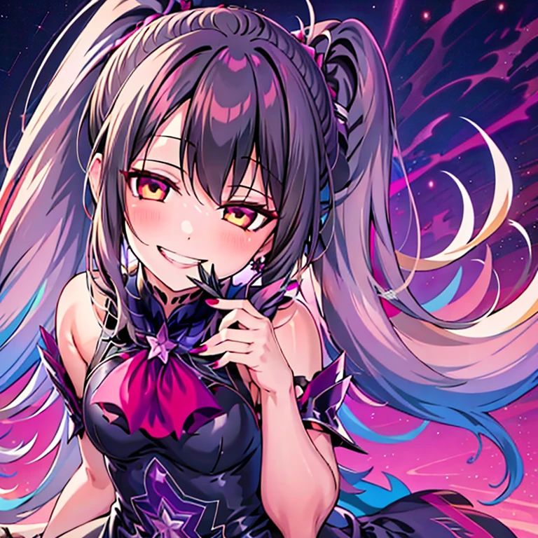 (best quality:1.2), 1 girl, alone, ponytail, star hairpins, black feather hairpin, nail painting, vibrant colors, dreamlike lighting, detailed floral background, evil smile