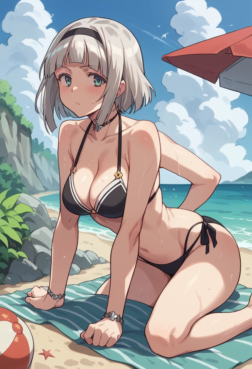 (((NSFW,masterpiece, Ultra-high resolution, Ultra-high-definition 8K image quality))), anime, Beautiful girl, Anatomically correct body structure, Small and cute face, Slender and well-proportioned body, (((Silver short hair, Lightly wavy hair))), (((clear beautiful red eyes, Eyes with highlights, Very long eyelashes))), Cute Smile, (((Overflowing super large breasts, Slim waist, Sexy ass))), (((Purple micro bikini and thong))), big and cute earrings, Stylish necklace, Bangles, ring, Summer beach background,((Squat with your crotch wide spread)),Show your side,