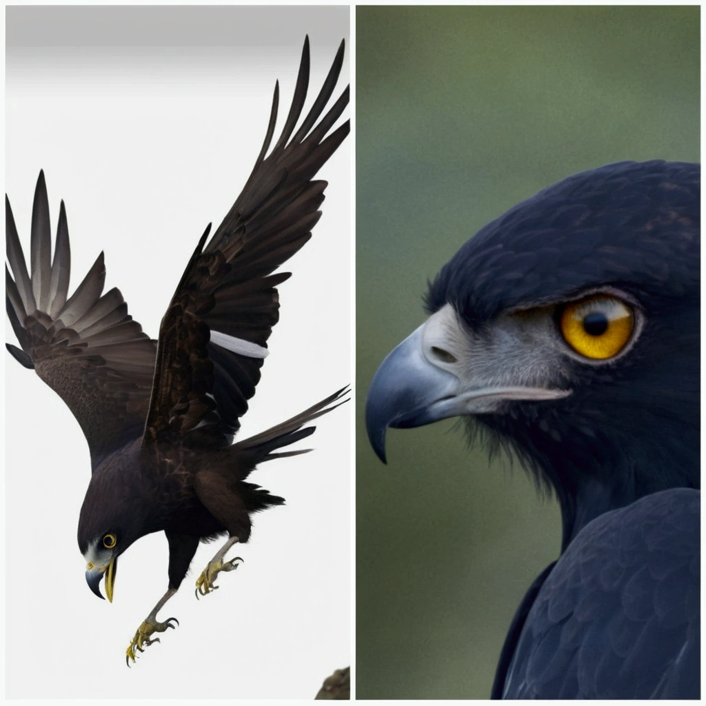 Place the head of the bird that has yellow eyes and the beak of a bird of prey on the bird that is flying with its wings open. , the bird that is in full body should be with the head of the image that is on the right ,bird of prey beak and round yellow eyes. Realistic and sharp image