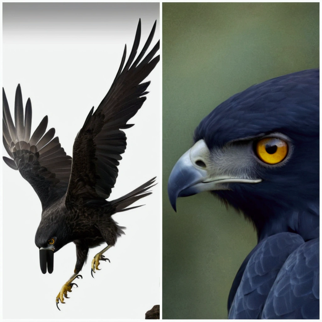 Place the head of the bird that has yellow eyes and the beak of a bird of prey on the bird that is flying with its wings open. , the bird that is in full body should be with the head of the image that is on the right ,bird of prey beak and round yellow eyes. Realistic and sharp image