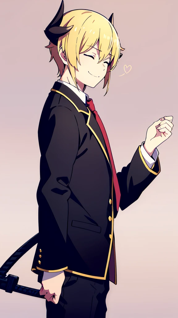 1boy,18s,short hair,blonde hair,smile,closed eyes.(no background, simple background),red necktie,black jacket, blazer,long sleeves,pants,upper body,walking,horns