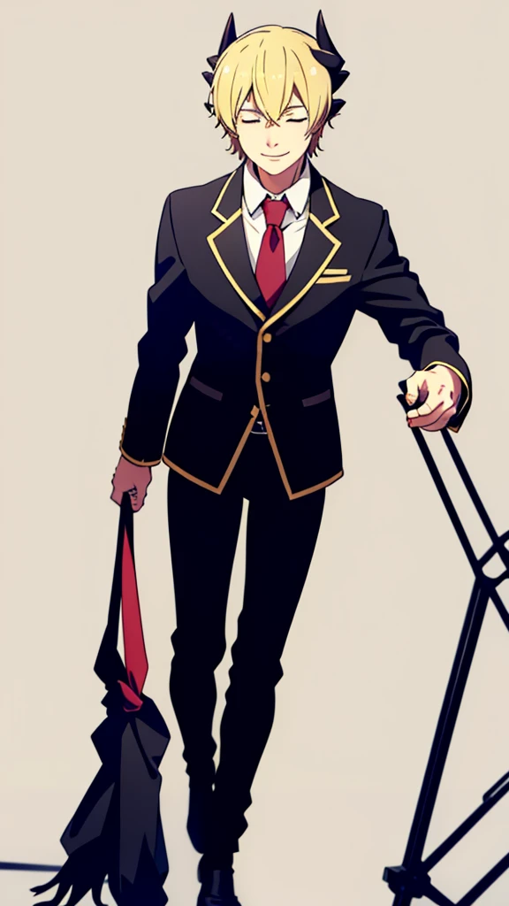 1boy,18s,short hair,blonde hair,smile,closed eyes.(no background, simple background),red necktie,black jacket, blazer,long sleeves,pants,upper body,walking,horns