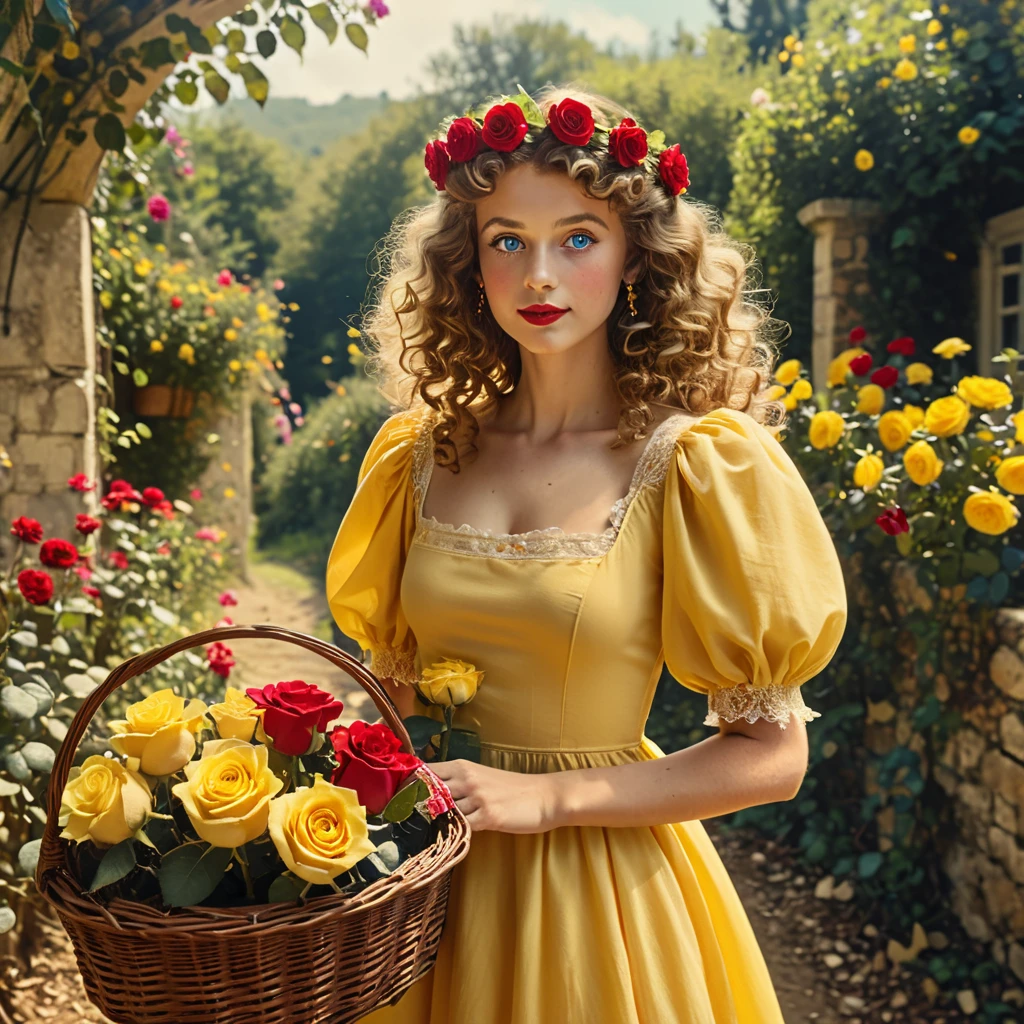 ( yellow dress with puff sleeves square neckline with lace details) (light brown curly hair flower tiara on head) (big blue eyes lips with red lipstick) (He has a yellow rose in his hand) (in the other arm a basket of colorful flowers) (in the background a sunny day with visible sun rays) (represents a gypsy with many powers)