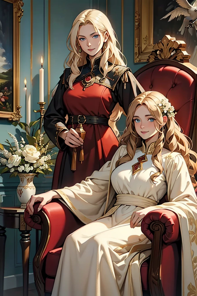 30 year old woman, with defined facial features, harmonious smile, long curly hair, pale gold color,blue eyes, wearing a dark red medieval nobility dress,sitting in a brown leather chair, holding a bird with one hand,oil painting, Wooden frame, above a fireplace, vases with white flowers