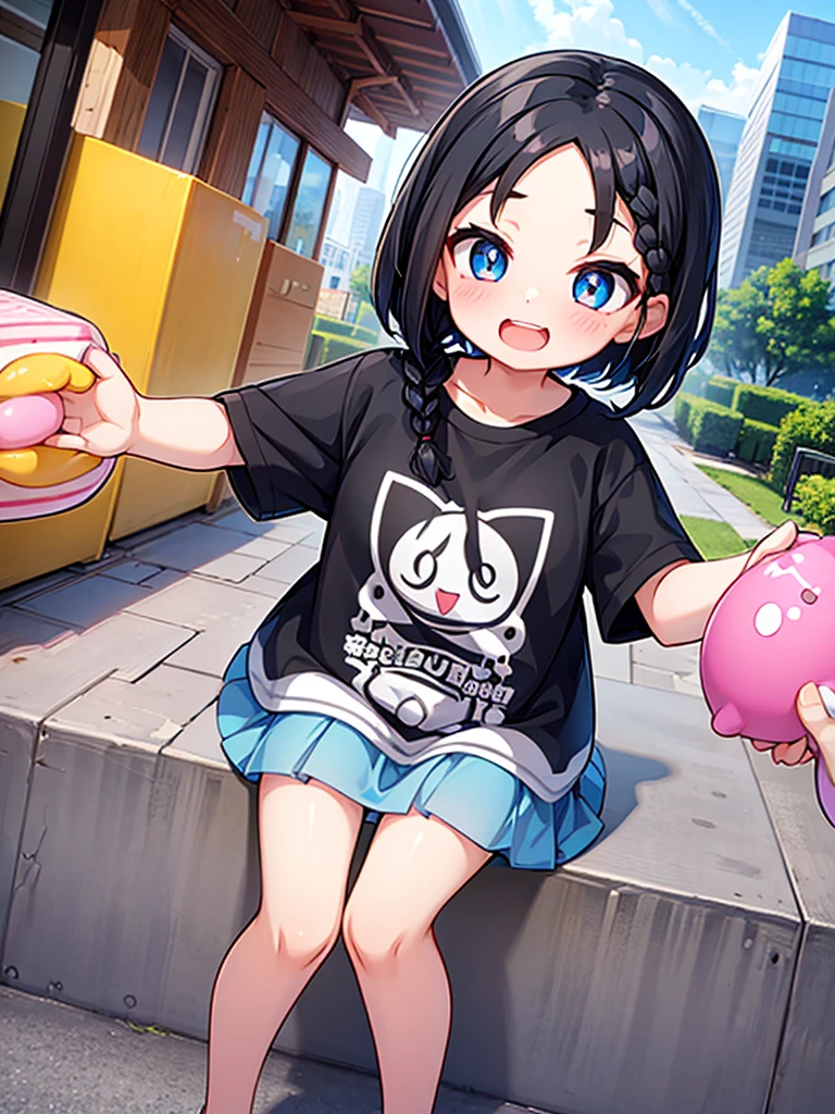 girl、Black Hair、Braided Bob、anime、((Little))、((Deformation))、T-Shirts、skirt、Laugh out loud、I can't see the teeth、Jumping in the city、Amazing leaping power、