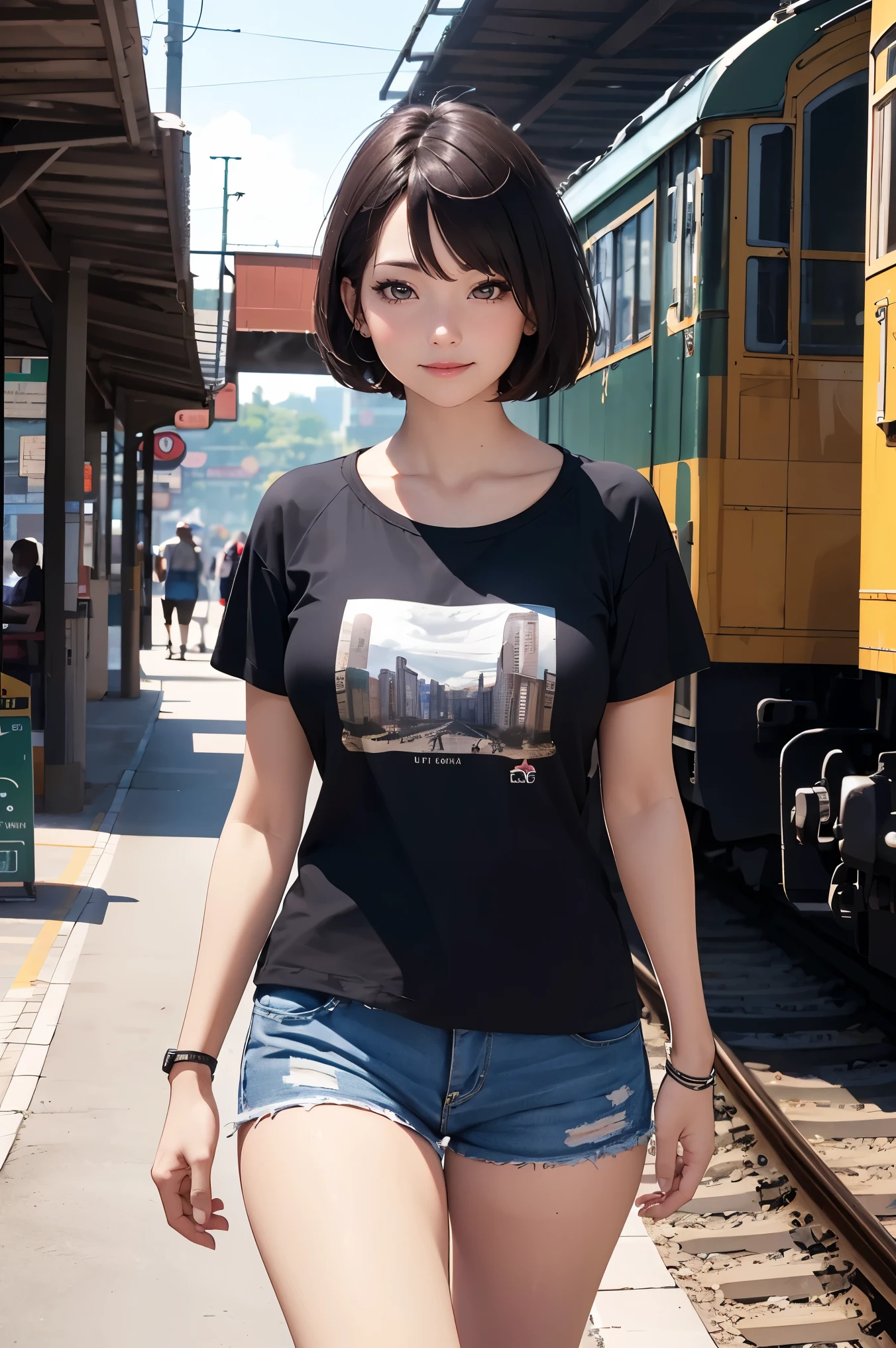 (best quality, ultra detailed, absolutely resolution:1.3), (realistic), looking at viewer, cheerful girl, female Traveler, cowboy shot, walking, T-shirt, short shorts, short hair, Huge railroad station,