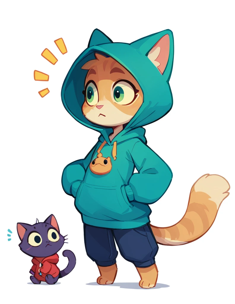 The Q version of the cute furry cat, spying, sneaking, surprised expresión, cute, white background, hoodie, full body