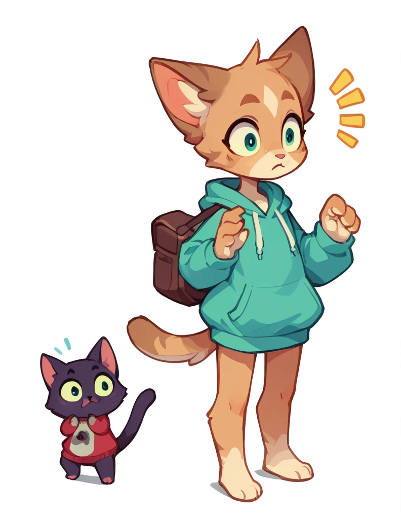 The Q version of the cute furry cat, spying, sneaking, surprised expresión, cute, white background, hoodie, full body