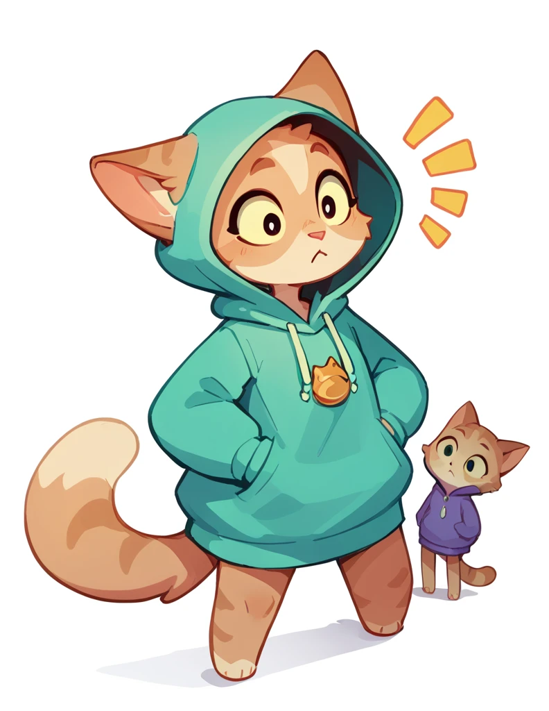 The Q version of the cute furry cat, spying, sneaking, surprised expresión, cute, white background, hoodie, full body