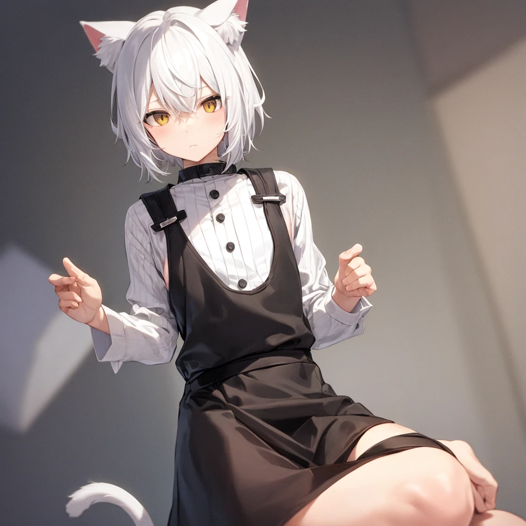 A small man with cat ears, white hair, no tail, small cat ears.
