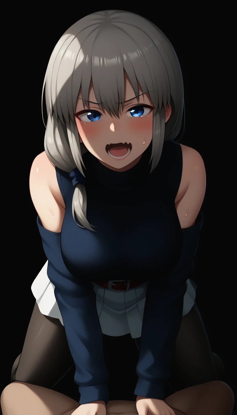 score_9, score_8_above, score_7_above, 1 girl, uzaki_Work, Blue_eyes, short_Hair, gray_Hair, Big_old, Blue Hoodie, black shirt, White skirt, pleated skirt, black pantyhose, desde above, futon, blush, Open mouth, v shaped eyebrows, sweat, to throw, looking at the viewer, All fours, canine, 1 chico, pants, belt,