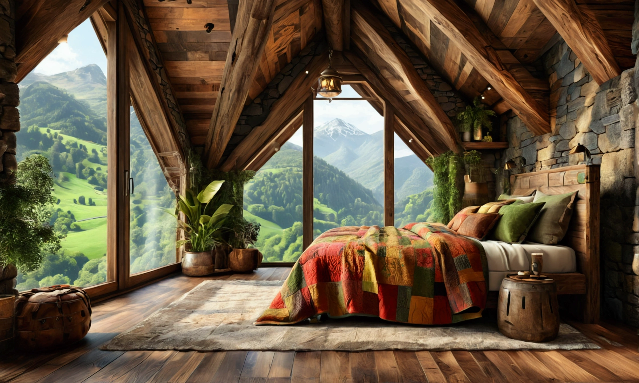 ((best quality)), ((masterpiece)), ((animated)) ,(detailed), (illustration), (colorful) , A mountain-style bedroom with stone walls and dark wood flooring. A large bed with a rustic wood headboard is dressed in woolen quilts and earthy-toned pillows. A small wooden table with a wrought iron lamp provides soft light. Large windows reveal a panoramic view of a green valley and mountains, with indoor plants in wooden pots. (Best quality),Warm color tones,Soft lighting
