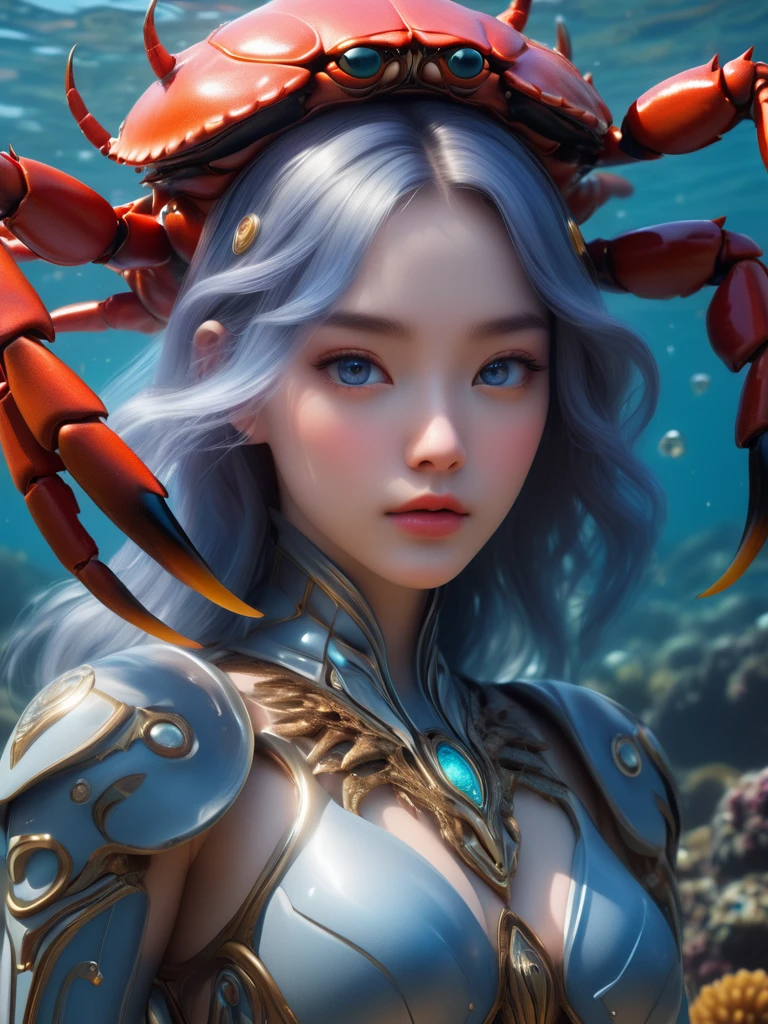 cinematic shot,ultra high quality,ultra high resolution,ultra-realistic and 32k ultra high-definition,octane renderings landscape shot in a beautiful magical deep oceanic realm featuring a stunning beautiful antrophy crab humanoid with large crab claws hands.She stands gracefully in her intricate beautiful fully covered exoskeleton Armored ,her delicate cute European face adorned with beautiful symmetrical eyes.a fit morphing between humans and crabs