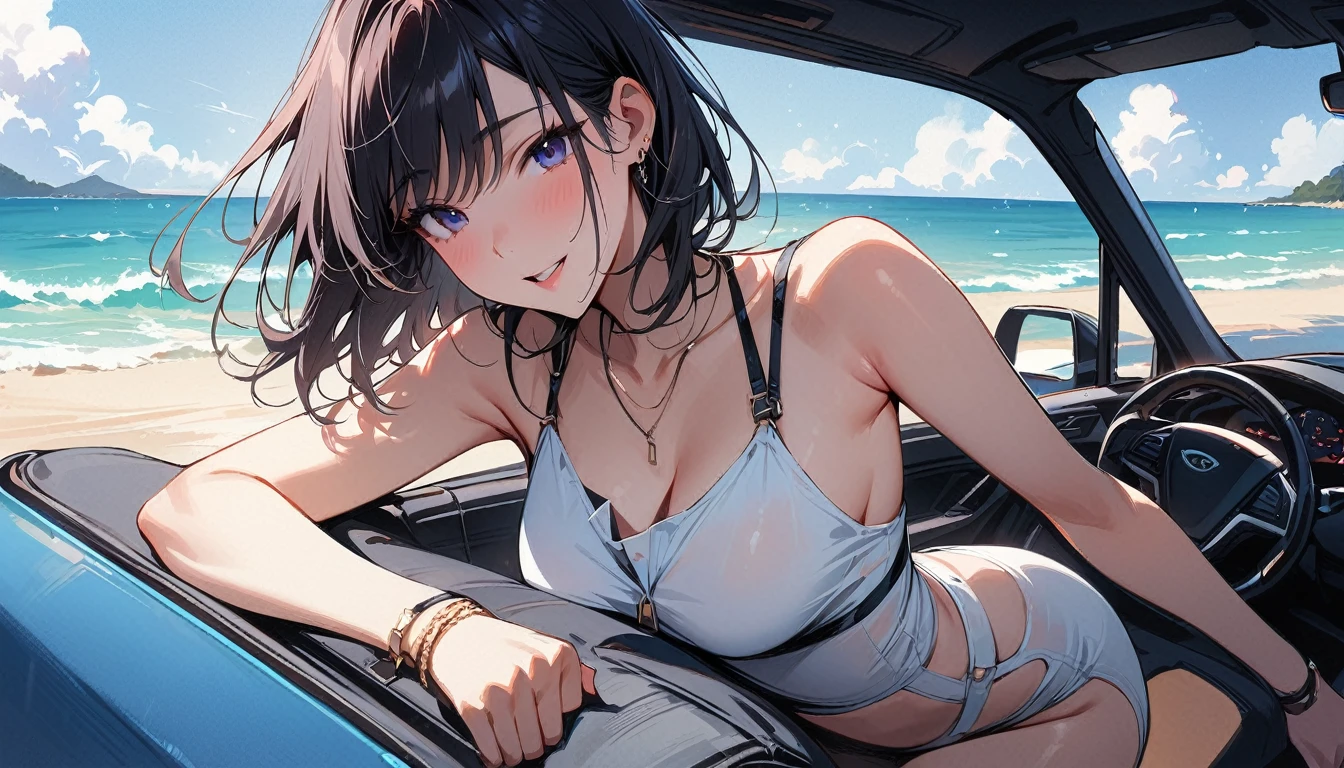 (masterpiece, Highest quality:1.2), 1 Girl, alone,Eyes open,Are you having fun,Tropical atmosphere,Riding in a car near the sea