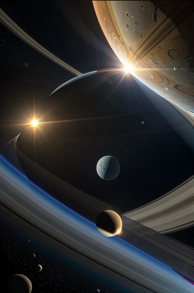 Generates an image of an astronaut wandering in space observing a collision of the planet Saturn and a comet