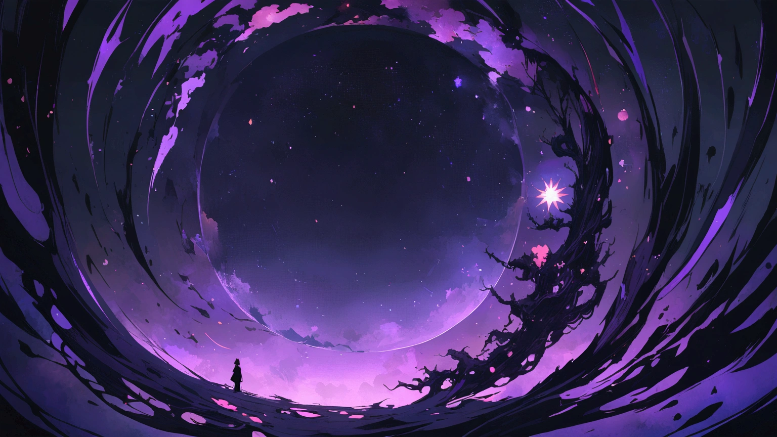 dark void, stars, mystical, introspective, floating, anime style