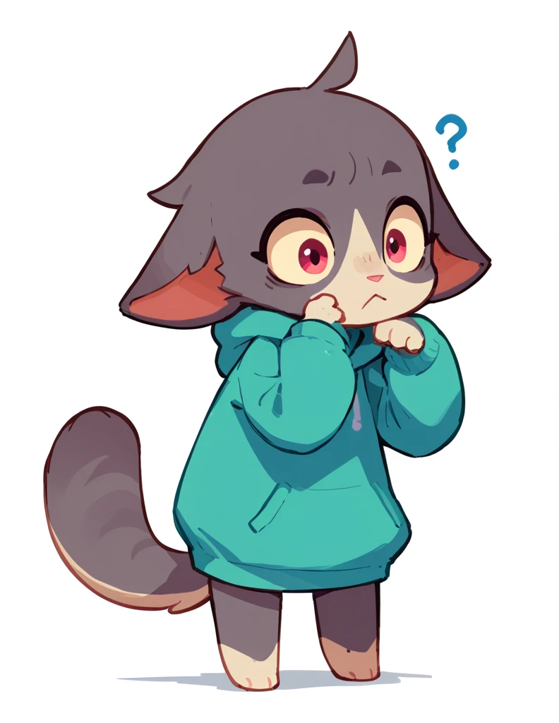 The Q version of the cute furry cat, confused expression, floppy ear, cute, white background, hoodie, full body