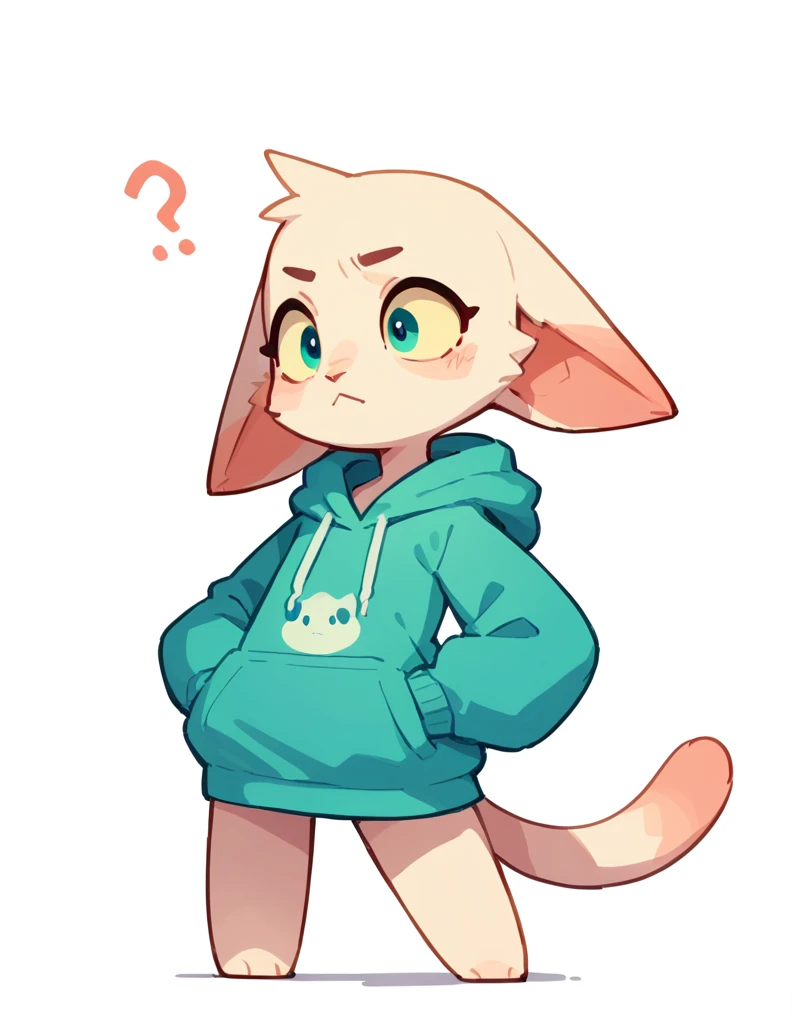 The Q version of the cute furry cat, confused expression, floppy ear, cute, white background, hoodie, full body