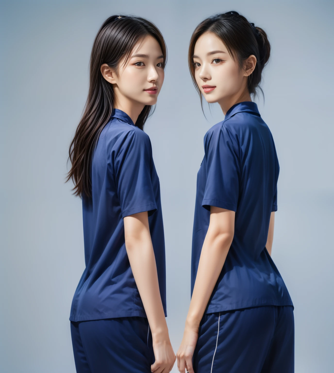 (best quality,10,10,height,Masterpiece:1.2),Special details,(realistic,ภาพrealistic,Realistic photos:1.37),1 Cute girl in the kitchen,shiny, ผิวshiny,only,smile softly,BDclothelue shirt:1.3)),short sleeve,shirt, กางเกงขาlong.,(navy_long_track pants:1.1), ((Kitchen Background)),Dynamic angle,excited,Face focus,dynamic poses,from behind,focus on ass,Masterpiece, best quality, ultra realistic, hyper detail, 8k resolution, raw photos, Sharp focus, ((Navy blue shirt:1.1)), short sleeve, เส้นทางlong, perfect body, 2 mature women, 18 years old, Cinema-grade lighting system,blue sweatpants,shirtผ้าออกกำลังกาย,correct anatomy,perfect body, correct body, Sharp face, correct bodyทางกายวิภาค, full body, realistic gestures, long-haired, realistic poses,Wear long shorts...........................,ช่วงขาlong,Good shape,carved girl, Slender figure, model, Good shape, beautiful body,blue sweatpants, two girls kissing