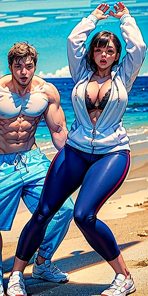 (((Perfect body,White and tender skin,(((naked hoodie))),(((hyuugahin, "black long hair", blue eyes,blunt bangs))),((masterpiece)),high resolution, ((Best quality at best)),masterpiece,quality,Best quality,((( Exquisite facial features,Looking at the audience,There is light in the eyes,blush,Happy,lol))),A woman,Wearing white sweatshirt,Wearing swimsuit on lower body,playing volleyball on the beach,A man stood next to him))),(((Light and shadow,Huge breasts,))),(((Looking at the camera))))