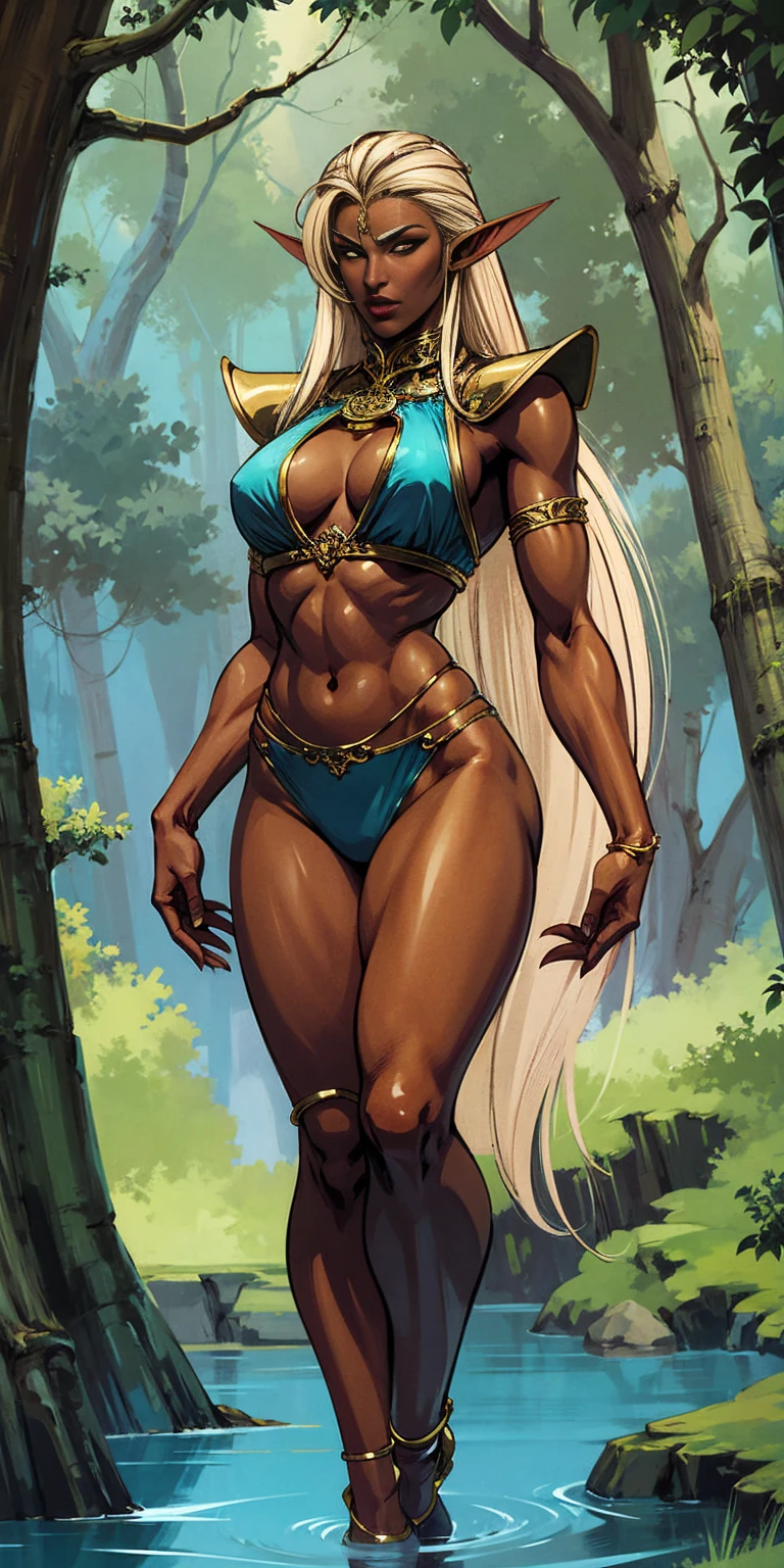Extremely detailed Artgerm style: This sets the overall artistic style with a high level of detail. Fantasy art: This specifies the genre. Goddess of the green forest: This defines the character's role and gives context to the setting. Woman with long, elf ears: This incorporates the elf features. Black skin: This specifies the character's race. Ornate bikini armor: This combines the skimpy clothing with a fantastical, protective element. Blue high heels standing straight symmetrical: This suggests the color of the bikini and potentially the water body. Long, messy blonde hair: This adds a detail that contrasts the Artgerm style, which is typically more polished for hair.