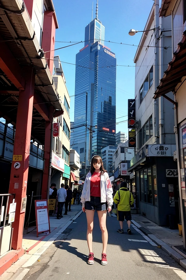 Anime girl in shorts and jacket standing next to a giant robot, artwork in the style of Gwaiz, Cyberpunk Anime Girl Mecha, Trending on cgstation, Gwaiz, By Russell Dongjun Lu, Digital Cyberpunk Anime Art, Lostrun 8k, Gwaiz on artstation pixiv, Girl wearing mecha cyber armor