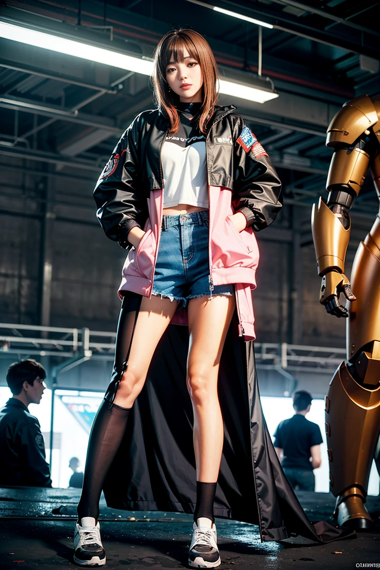 Anime girl in shorts and jacket standing next to a giant robot, artwork in the style of Gwaiz, Cyberpunk Anime Girl Mecha, Trending on cgstation, Gwaiz, By Russell Dongjun Lu, Digital Cyberpunk Anime Art, Lostrun 8k, Gwaiz on artstation pixiv, Girl wearing mecha cyber armor