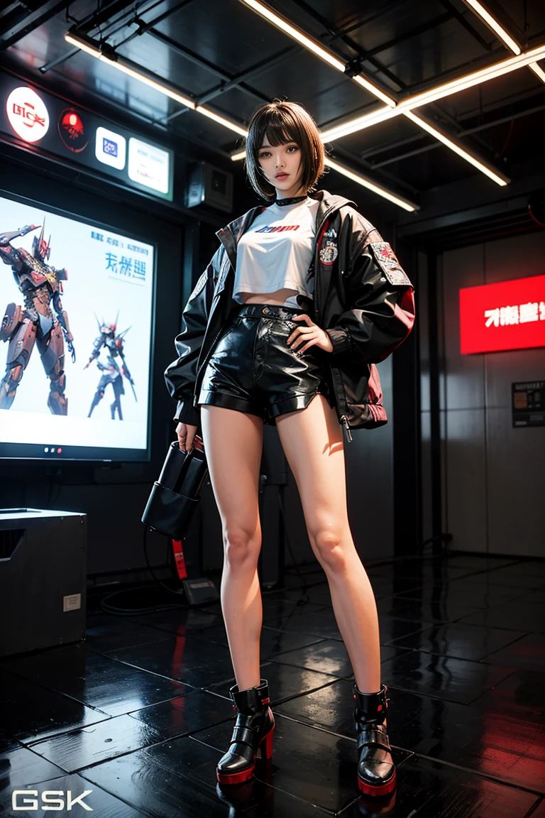 Anime girl in shorts and jacket standing next to a giant robot, artwork in the style of Gwaiz, Cyberpunk Anime Girl Mecha, Trending on cgstation, Gwaiz, By Russell Dongjun Lu, Digital Cyberpunk Anime Art, Lostrun 8k, Gwaiz on artstation pixiv, Girl wearing mecha cyber armor