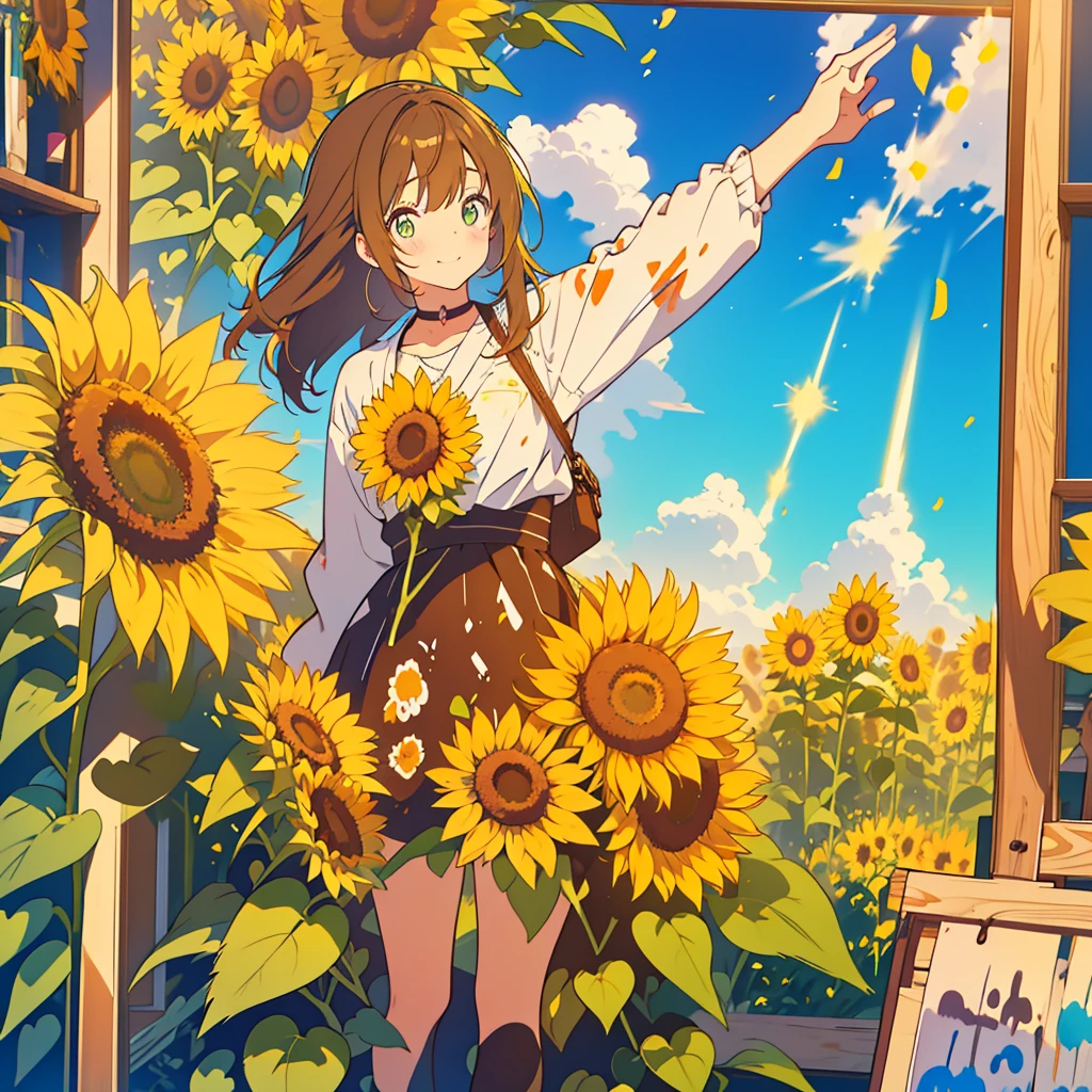 kawaii, anime, Cute, hyper quality, highly detailed, 16k, Front facing, Clarity, full body, one twenty year old woman, stain the whole thing with colorful ink, long brown hair, green eyes, paint color, countless sunflowers, surrounded by sunflowers, Trapped inside a Van Gogh painting, ephemeral, paint, paint, brush, live inside the canvas, art supplies, oil, wonder, twist, rainbow colored sunflowers, Richly colored, Brightly colored sunflowers, highlight on eyes, smile, splattered ink, scribble, countless handwritings, color palette, the bell rings, long hair flowing, Draw eyes clearly, art, taken in by sunflowers,