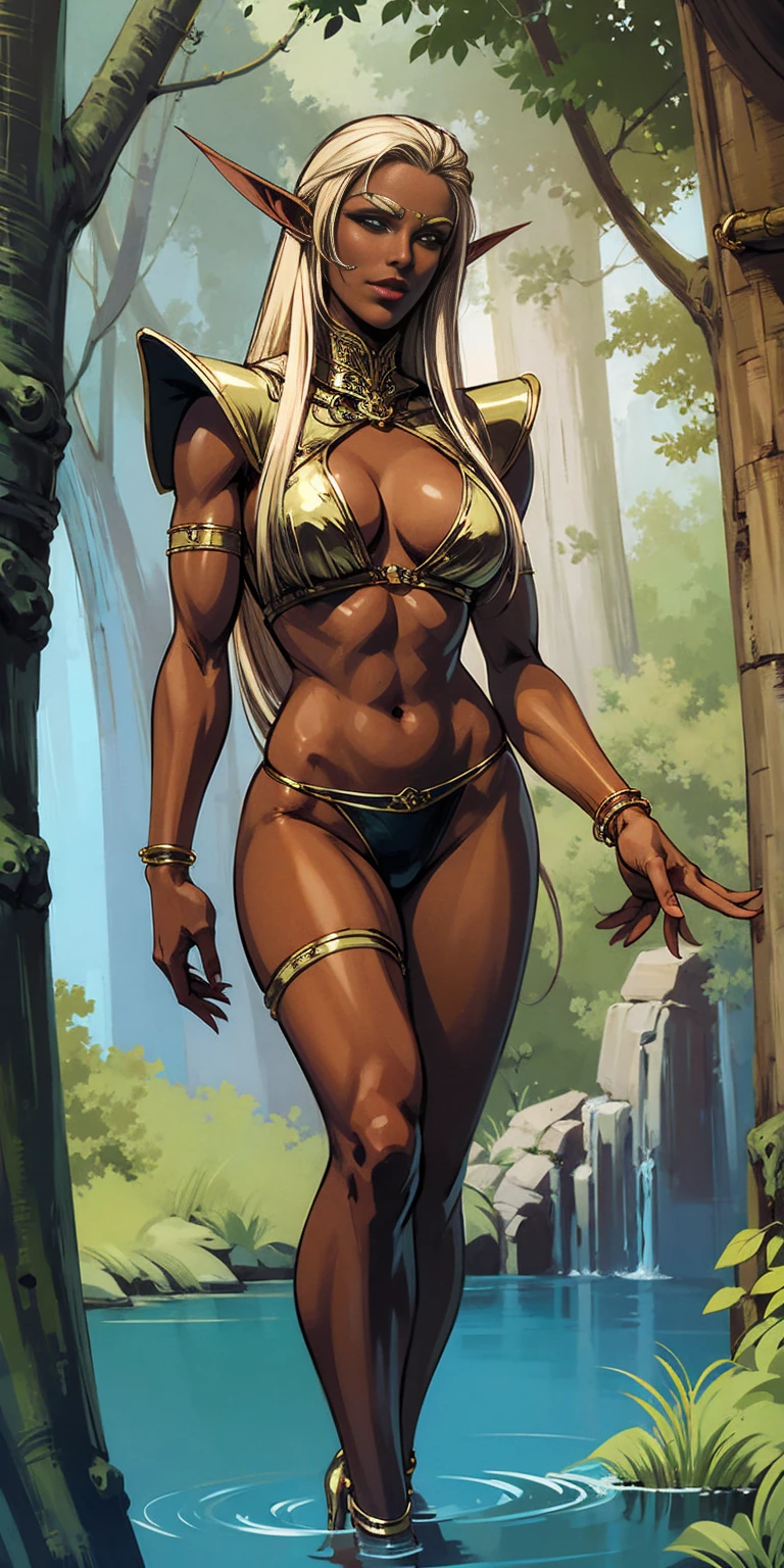 Extremely detailed Artgerm style: This sets the overall artistic style with a high level of detail. Fantasy art: This specifies the genre. Goddess of the green forest: This defines the character's role and gives context to the setting. Woman with long, elf ears: This incorporates the elf features. Black skin: This specifies the character's race. Ornate bikini armor: This combines the skimpy clothing with a fantastical, protective element. Blue high heels standing straight symmetrical: This suggests the color of the bikini and potentially the water body. Long, messy blonde hair: This adds a detail that contrasts the Artgerm style, which is typically more polished for hair.