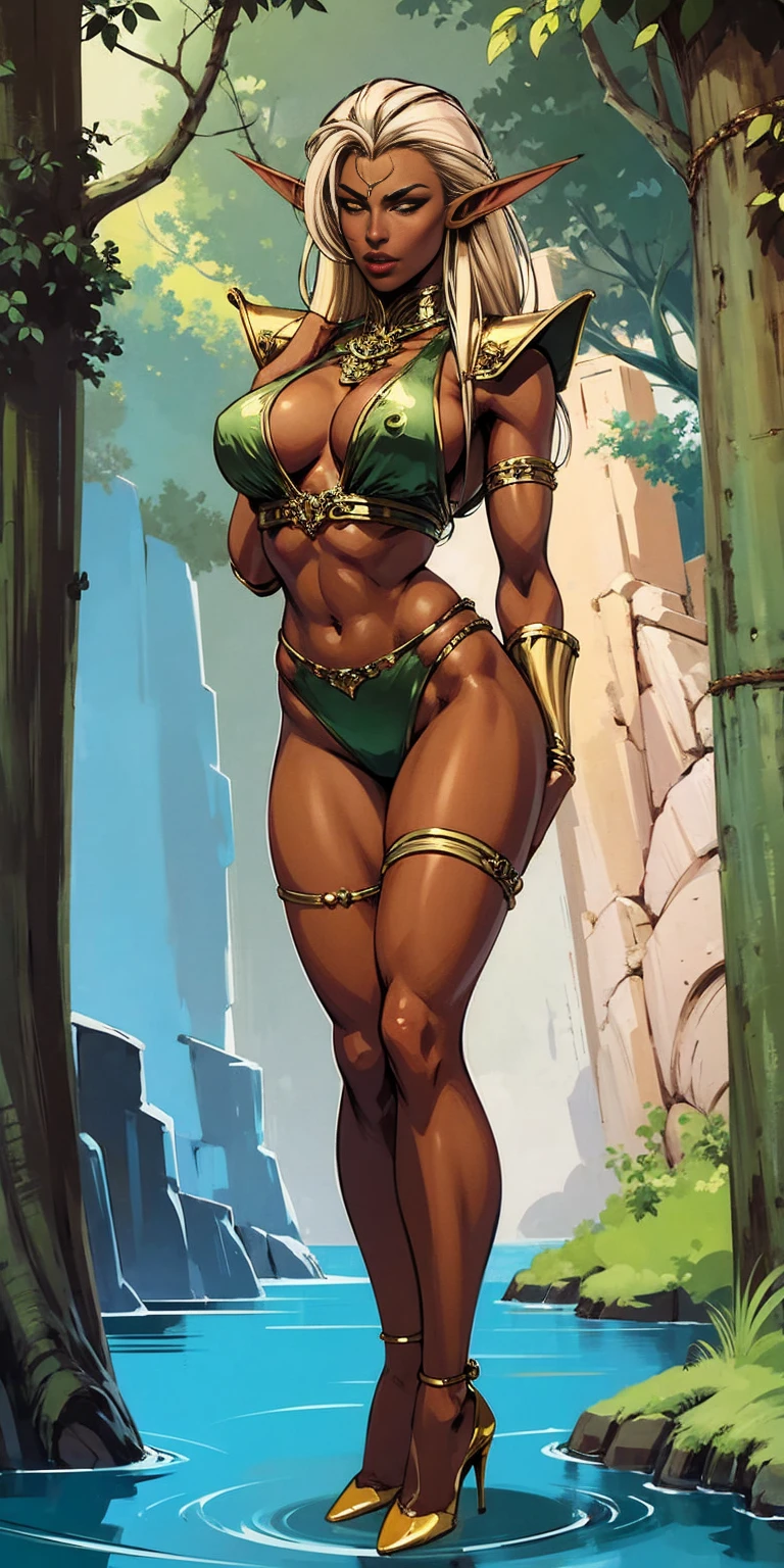 Extremely detailed Artgerm style: This sets the overall artistic style with a high level of detail. Fantasy art: This specifies the genre. Goddess of the green forest: This defines the character's role and gives context to the setting. Woman with long, elf ears: This incorporates the elf features. Black skin: This specifies the character's race. Ornate bikini armor: This combines the skimpy clothing with a fantastical, protective element. Blue high heels standing straight symmetrical: This suggests the color of the bikini and potentially the water body. Long, messy blonde hair: This adds a detail that contrasts the Artgerm style, which is typically more polished for hair.