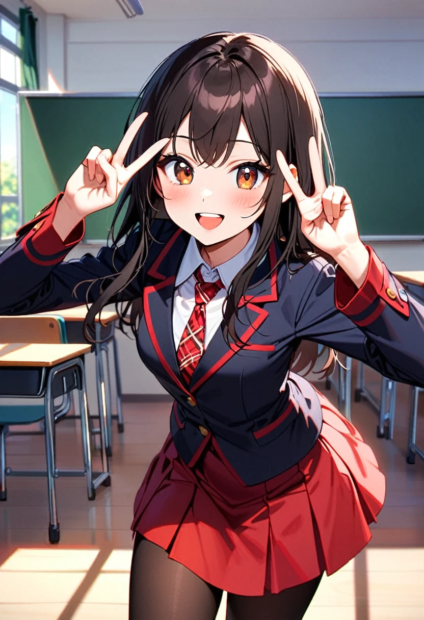 A young woman, 17-years-old, solo, Korean, (loose wavy black hair, no bangs:1.1), brown eyes, black blazer, white blouse, red plaid necktie, red pleated skirt, black pantyhose, playful smile, cheerful, classroom, holding up a v-sign