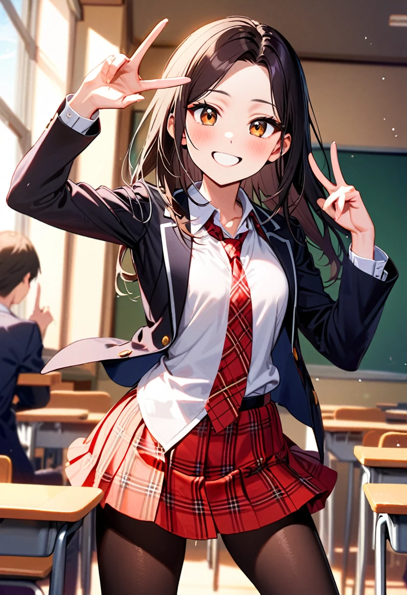 A young woman, 17-years-old, solo, Korean, (loose wavy black hair, no bangs:1.1), brown eyes, black blazer, white blouse, red plaid necktie, red pleated skirt, black pantyhose, playful smile, cheerful, classroom, holding up a v-sign