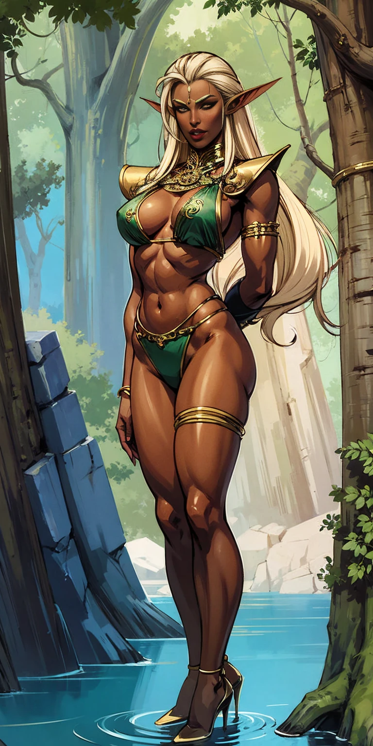 Extremely detailed Artgerm style: This sets the overall artistic style with a high level of detail. Fantasy art: This specifies the genre. Goddess of the green forest: This defines the character's role and gives context to the setting. Woman with long, elf ears: This incorporates the elf features. Black skin: This specifies the character's race. Ornate bikini armor: This combines the skimpy clothing with a fantastical, protective element. Blue high heels standing straight symmetrical: This suggests the color of the bikini and potentially the water body. Long, messy blonde hair: This adds a detail that contrasts the Artgerm style, which is typically more polished for hair.