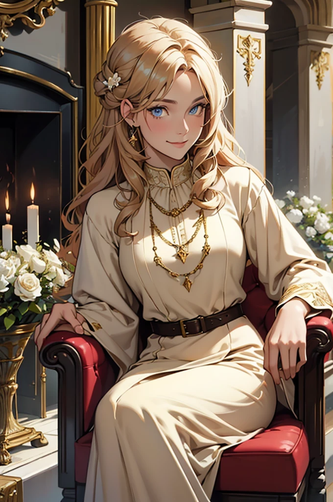 30 year old woman, with defined facial features, shy smile, long curly hair, pale gold color,blue eyes, wearing a dark red medieval nobility dress,sitting in a brown leather chair, holding a bird with one hand,oil painting, Wooden frame, above a fireplace, vases with white flowers