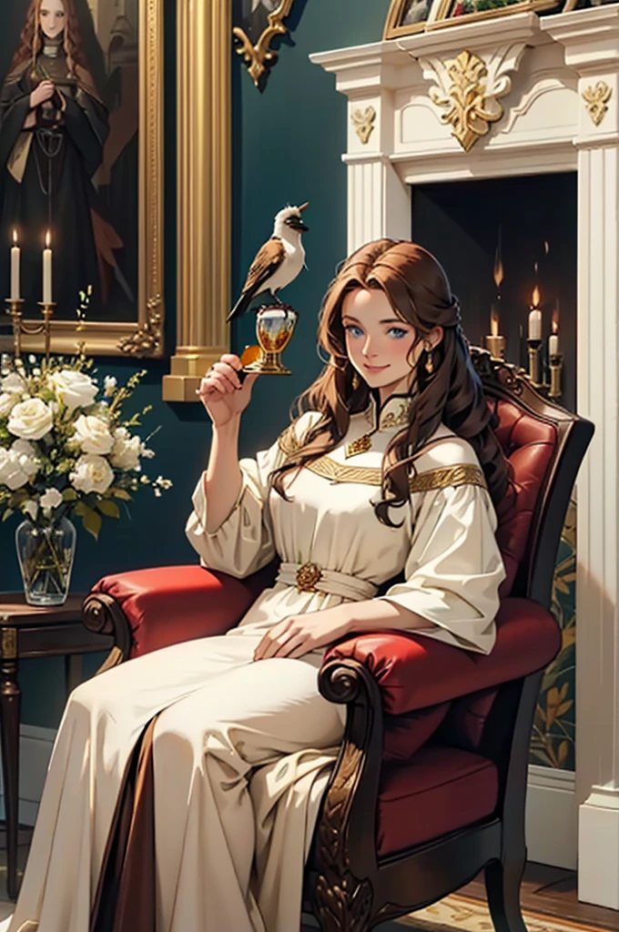 30 year old woman, with defined facial features, shy smile, long curly hair, pale gold color,blue eyes, wearing a dark red medieval nobility dress,sitting in a brown leather chair, holding a bird with one hand,oil painting, Wooden frame, above a fireplace, vases with white flowers