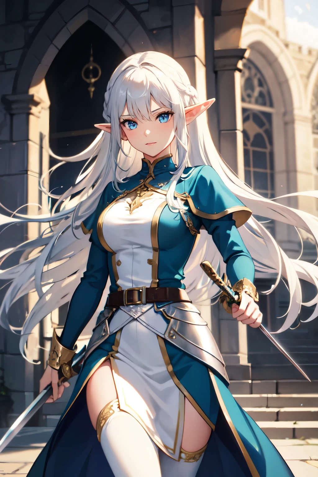 beautiful woman, elf, long white hair, blue eyes, blue knight outfit, holding a European sword, large bust, fighting in the castle, high quality