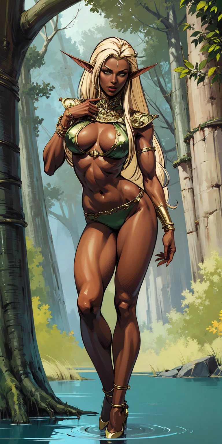 Extremely detailed Artgerm style: This sets the overall artistic style with a high level of detail. Fantasy art: This specifies the genre. Goddess of the green forest: This defines the character's role and gives context to the setting. Woman with long, elf ears: This incorporates the elf features. Black skin: This specifies the character's race. Ornate bikini armor: This combines the skimpy clothing with a fantastical, protective element. Blue high heels standing straight symmetrical: This suggests the color of the bikini and potentially the water body. Long, messy blonde hair: This adds a detail that contrasts the Artgerm style, which is typically more polished for hair.