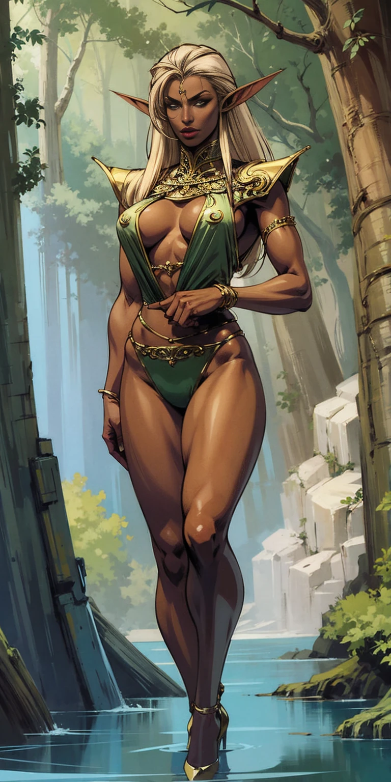 Extremely detailed Artgerm style: This sets the overall artistic style with a high level of detail. Fantasy art: This specifies the genre. Goddess of the green forest: This defines the character's role and gives context to the setting. Woman with long, elf ears: This incorporates the elf features. Black skin: This specifies the character's race. Ornate bikini armor: This combines the skimpy clothing with a fantastical, protective element. Blue high heels standing straight symmetrical: This suggests the color of the bikini and potentially the water body. Long, messy blonde hair: This adds a detail that contrasts the Artgerm style, which is typically more polished for hair.