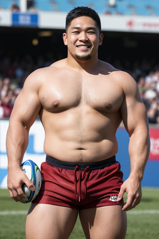 ((highest quality)), ((masterpiece)), (detailed), ((Perfect Face)), 4k, Shaved head, Young Japanese, Muscular, Fat body, Very big man, smile, ((showing off crotch)) A large Japanese man shirtless、whole body、Rugby player、Thick legs、Thick arm muscles、Intimidating、whole body、wearing a very tight and very short black-shorts,  (shirtless)、((At the rugby field)), haka dance