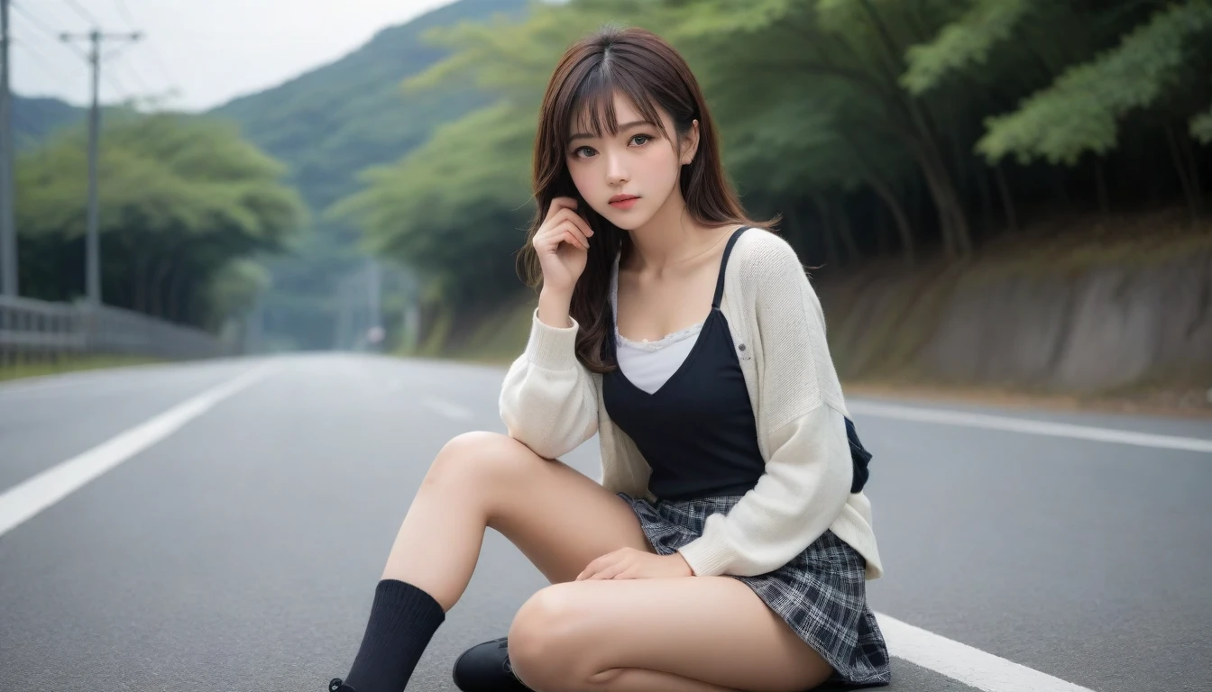 8K, Ultra-high resolution, Highest quality, masterpiece, 三分割法によるphotograph,Surreal, photograph, 1 Girl, (16 years old:1.3), pretty girl, Cute face, Beautiful eyes in every detail, 細かくdetailedに,masterpiece,One Girl:1.2, Japan Female Announcer,whole body,from below,Fearful expression,Black Hair,Messy hair,Cyber city of the near future,Wearing a cardigan sweater on your back、Girl sitting in the middle of the road, Plaid pencil skirt, High socks and black shoes,Beautiful leg line beauty,Realistic Skin, Perfect and beautiful face ,完璧でCute face, Skin with attention to detail, Perfect limbs、Narrow waist、Thin legs),Looking at the audience、beauty,Long neck、(((Ideal body type))),A cup small breasts :2,Portraiture:2,Perfect Anatomy,鮮明なdetailed,detailed,Surreal,Light and shadow,darkness