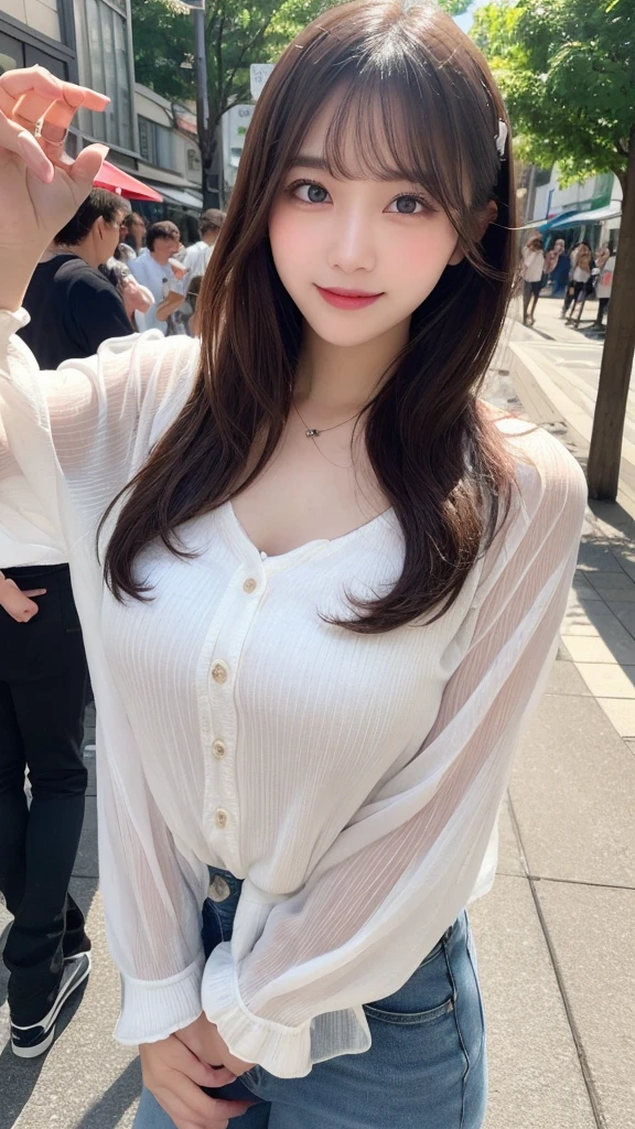 masterpiece, best quality, illustration, ultra-detailed, finely detailed, high resolution, 8K wallpaper, perfect dynamic composition, beautiful detailed eyes, summer blouse setup clothes, medium hair, small breasts, natural color lips, bold sexy poses, smile, Harajuku, 18 years old girl, cute, sexy shot, looking at camera