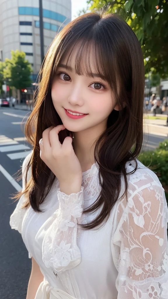 masterpiece, best quality, illustration, ultra-detailed, finely detailed, high resolution, 8K wallpaper, perfect dynamic composition, beautiful detailed eyes, summer blouse setup clothes, medium hair, small breasts, natural color lips, bold sexy poses, smile, Harajuku, 18 years old girl, cute, sexy shot, looking at camera
