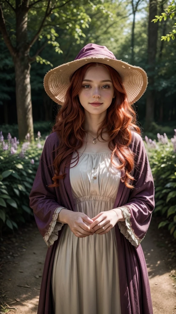 A realistic 25 year old witch, with curly red hair and a slight smile, is in a magical and enchanted garden under soft natural light performing a ritual wearing light clothes and a lilac hat
